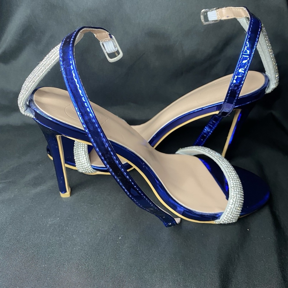 Metallic Blue Patent Rhinestone Cross Strap Stiletto Sandal Heels Sz 9 - Picture 7 of 9
